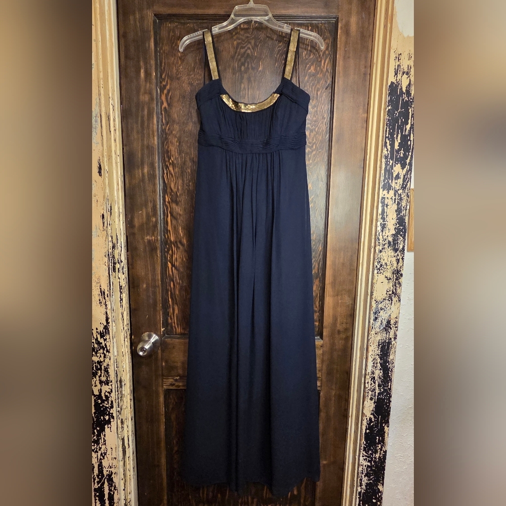 BCBG MaxAzria Navy and Gold Sequiun Maxi Dress Prom Formal Event Sz 6P